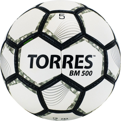 Мяч футб. "TORRES BM 500" арт.F320635, р.5, 32 пан. PU, 4 подкл. слоя, руч. сшивка, бело-серо-серебр